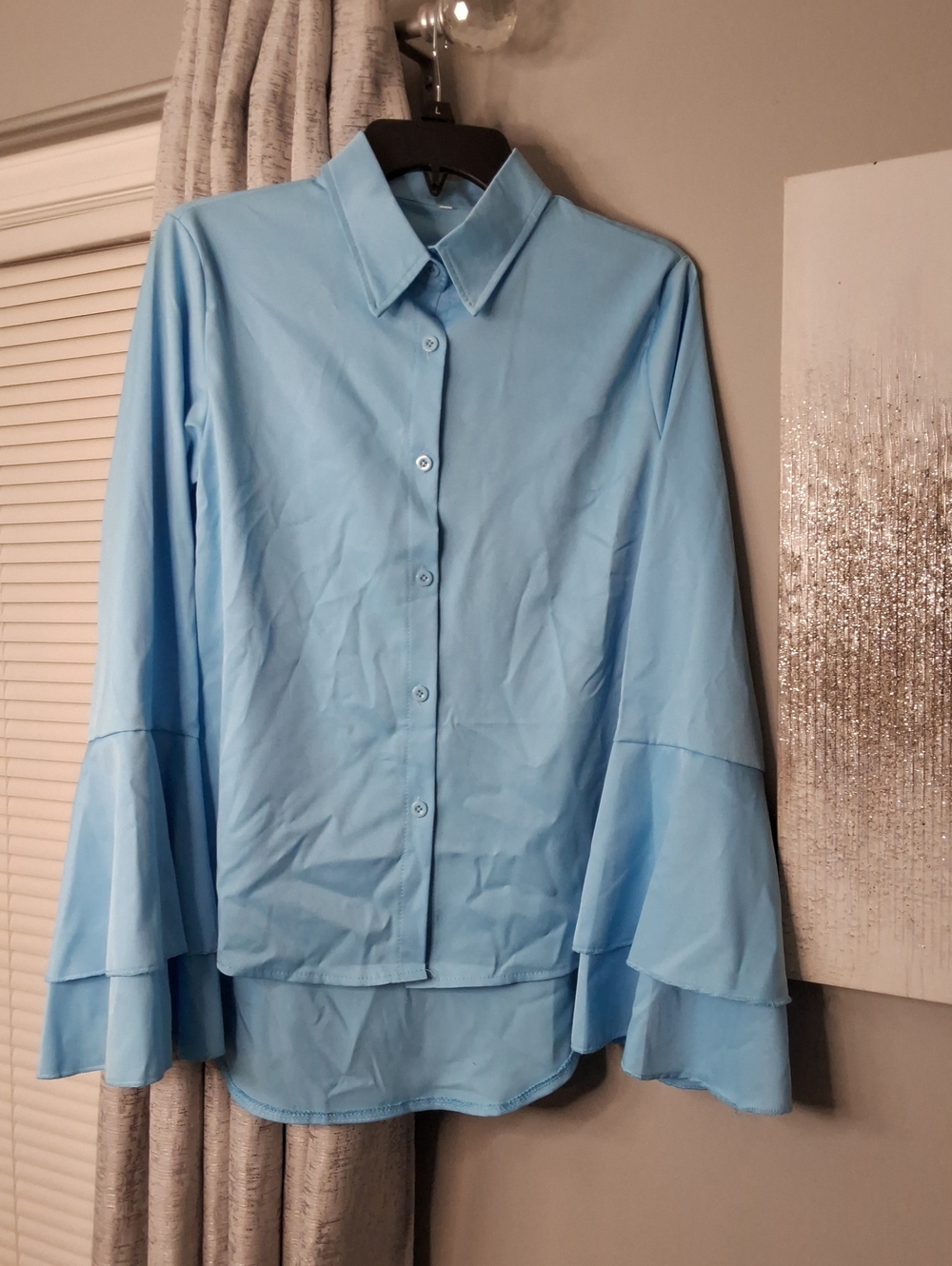Light Blue Button-Down Bell Sleeve Women's Top